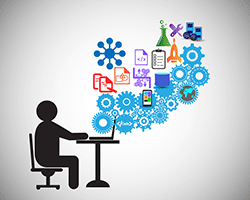 Icon image of ideas and techinichal cogs and wheels coming out of a computer