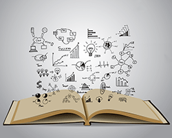 Image of pictures of ideas coming out of an open book