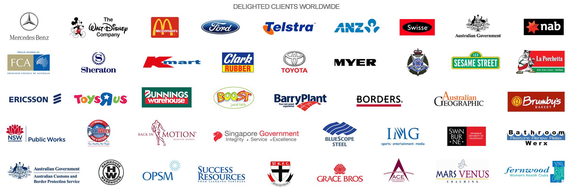 Image of all the logos of all the companies Darren Stephens has worked with. 43 well known companies.
