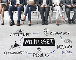 Image of the word mindset with people and other words, attitude, behaviour, action, performance and results surrounding it