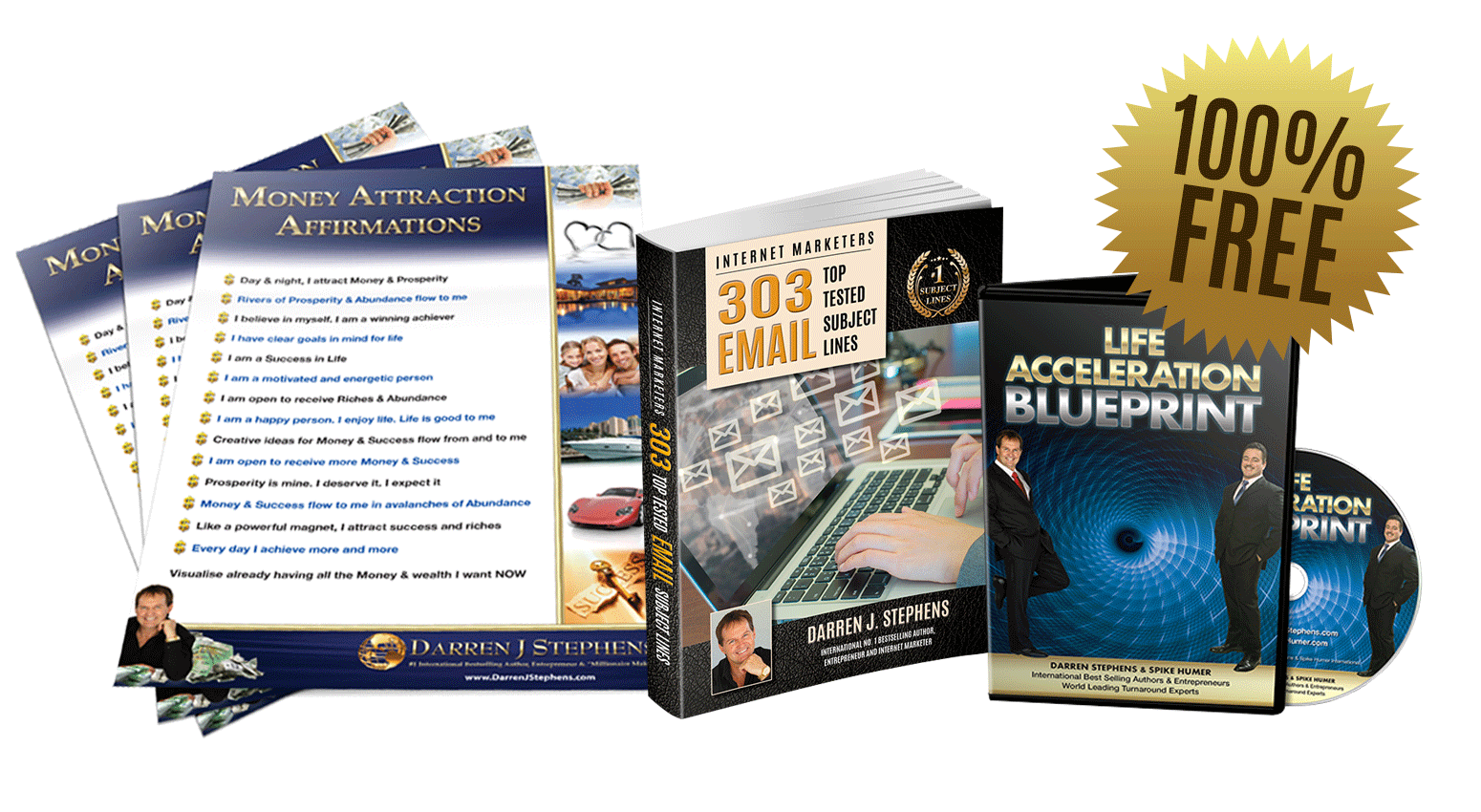 Image of free gifts available to down load money attraction affirmation laminated sheet, 303 top tested email subject lines ebook cover and life acceleration blueprint cd cover